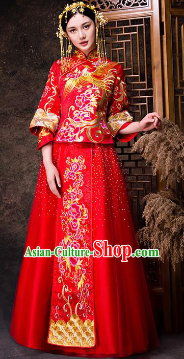 Chinese Traditional Wedding Dress XiuHe Suit Ancient Bride Embroidered Peony Toast Cheongsam for Women