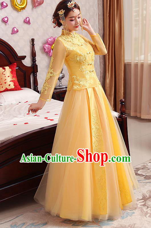 Chinese Traditional Wedding Costume Yellow Veil XiuHe Suit Ancient Bride Embroidered Toast Formal Dress for Women