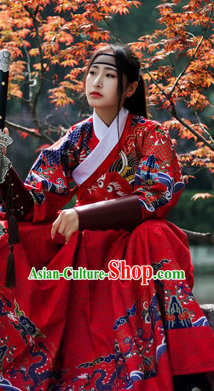 Chinese Ming Dynasty Imperial Bodyguard Costume Ancient Swordswoman Embroidered Red Robe for Women