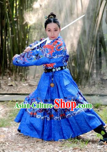 Chinese Ming Dynasty Imperial Bodyguard Costume Ancient Swordsman Embroidered Blue Clothing