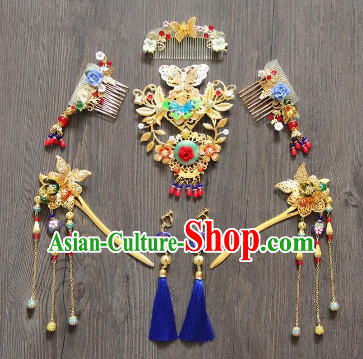 Top Grade Chinese Wedding Hair Accessories Ancient Bride Tassel Hairpins Hair Combs Complete Set for Women