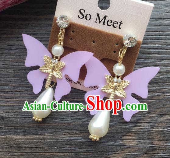 Top Grade Wedding Bride Jewelry Accessories Purple Butterfly Pearl Earrings for Women