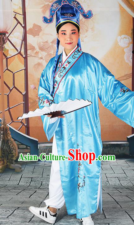 Professional Chinese Beijing Opera Costumes Peking Opera Gifted Scholar Blue Robe and Hat for Adults