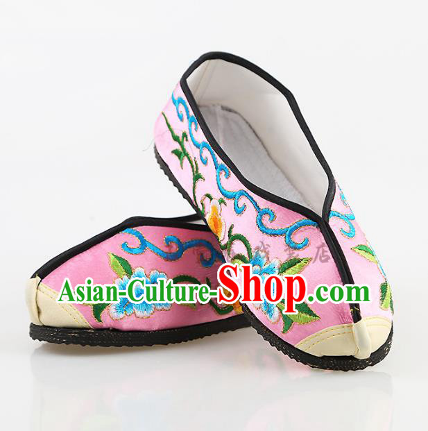 Chinese Traditional Beijing Opera Embroidered Shoes Peking Opera Diva Pink Cloth Shoes for Women