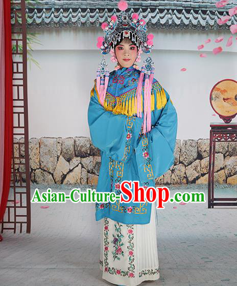 Professional Chinese Beijing Opera Diva Embroidered Costumes Blue Shawl Clothing and Headwear for Adults