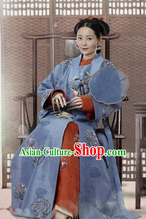 Ancient Arama Story of Yanxi Palace Chinese Qing Dynasty Manchu Imperial Consort Embroidered Costumes and Headpiece Complete Set