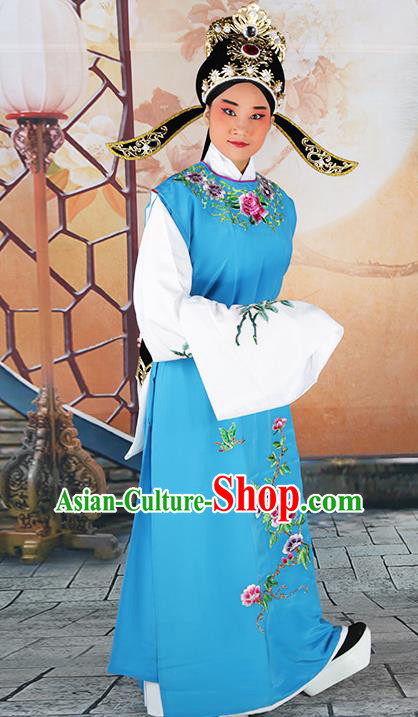 Professional Chinese Peking Opera Niche Costume Huangmei Opera Jia Baoyu Blue Robe and Hat for Adults