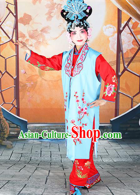 Professional Chinese Beijing Opera Maidservants Embroidered Plum Blossom Blue Costumes for Adults
