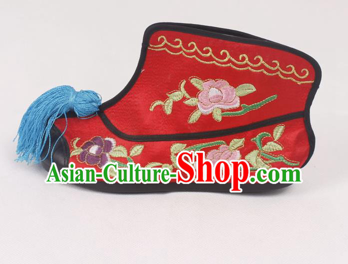 Chinese Traditional Beijing Opera Embroidered Boots Peking Opera Blues Red Cloth Shoes for Women