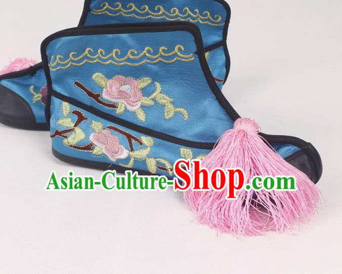 Chinese Traditional Beijing Opera Embroidered Boots Peking Opera Blues Blue Cloth Shoes for Women