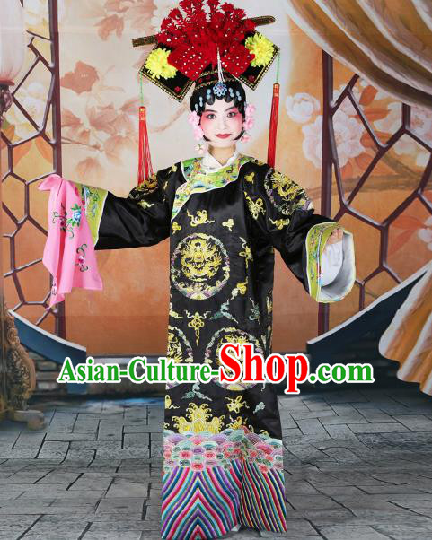 Professional Chinese Beijing Opera Qing Dynasty Empress Embroidered Black Costumes and Headwear for Adults