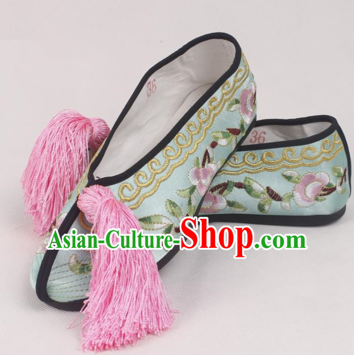 Chinese Traditional Beijing Opera Light Blue Embroidered Shoes Peking Opera Diva Blood Stained Shoes for Women