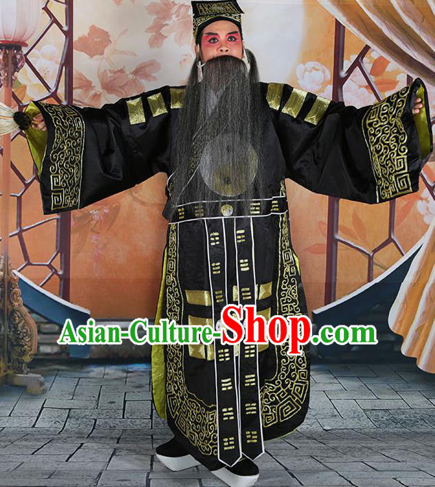Professional Chinese Peking Opera Military Counsellor Costume Black Priest Robe and Hat for Adults