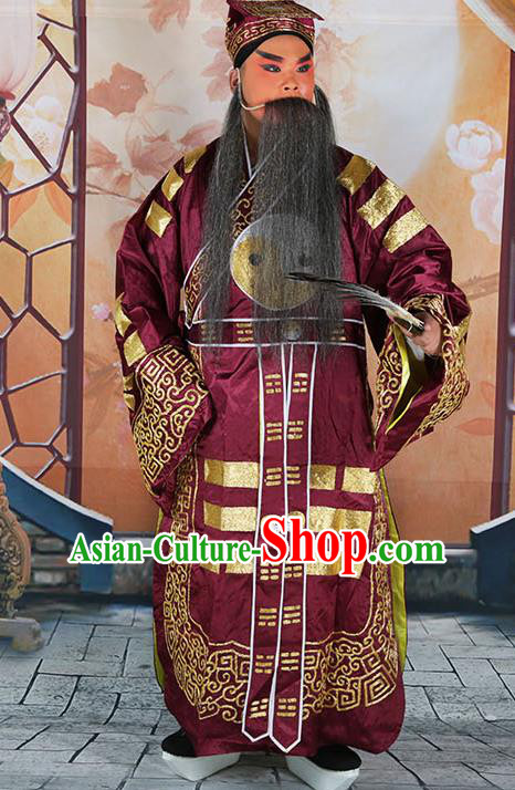Professional Chinese Peking Opera Military Counsellor Costume Purple Priest Robe and Hat for Adults