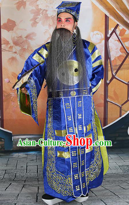 Professional Chinese Peking Opera Military Counsellor Costume Blue Priest Robe and Hat for Adults