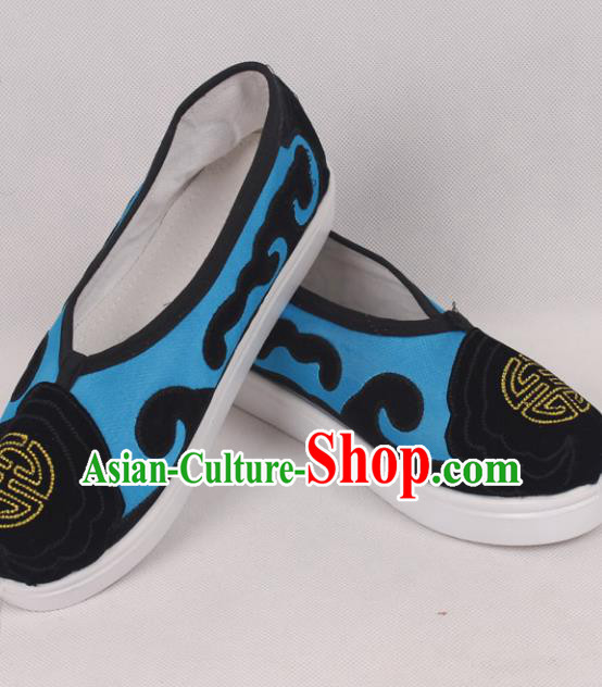 Chinese Traditional Beijing Opera Ministry Councillor Embroidered Shoes Peking Opera Blue Shoes for Men