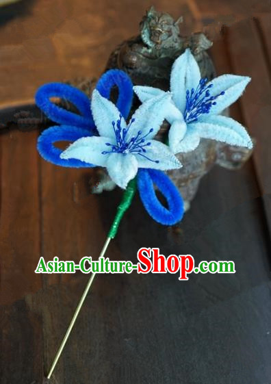 Top Grade Chinese Handmade Hair Accessories Qing Dynasty Blue Velvet Flowers Hairpins for Women
