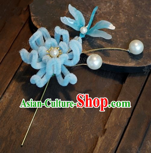Top Grade Chinese Handmade Hair Accessories Qing Dynasty Blue Velvet Chrysanthemum Flowers Hairpins for Women
