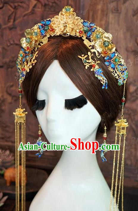 Chinese Handmade Ancient Wedding Hair Accessories Cloisonne Phoenix Coronet Tassel Hairpins Complete Set for Women