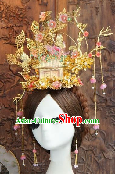 Chinese Handmade Wedding Hair Accessories Ancient Pink Flowers Phoenix Coronet Hairpins Complete Set for Women