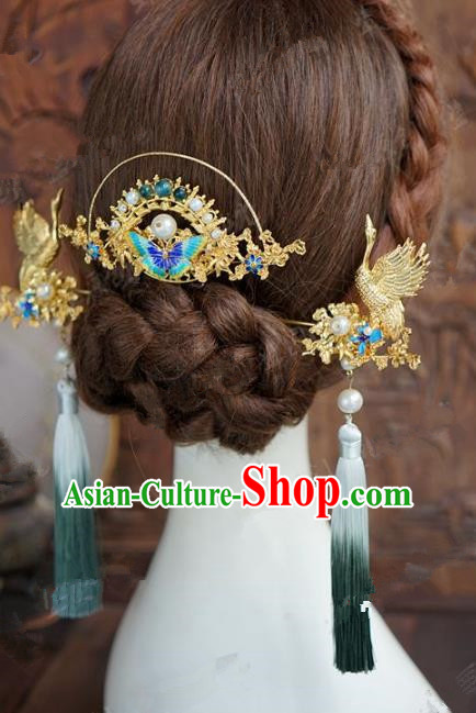 Chinese Handmade Wedding Hair Accessories Ancient Bride Blueing Butterfly Hairpins Complete Set for Women