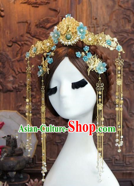 Chinese Handmade Wedding Hair Accessories Ancient Bride Blue Flowers Phoenix Coronet Hairpins Complete Set for Women