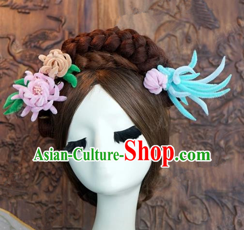 Top Grade Chinese Handmade Hair Accessories Qing Dynasty Princess Velvet Chrysanthemum Hairpins for Women