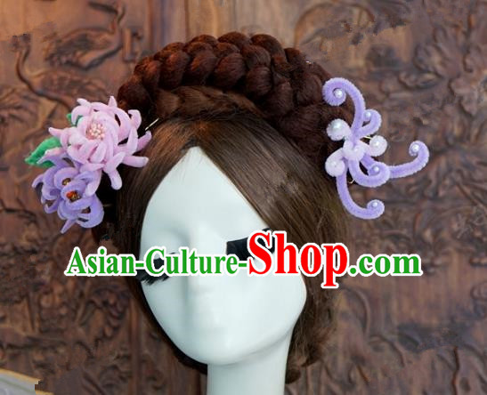 Top Grade Chinese Handmade Hair Accessories Qing Dynasty Princess Purple Velvet Chrysanthemum Hairpins for Women