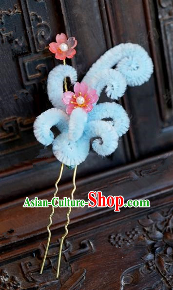 Chinese Handmade Hair Accessories Qing Dynasty Princess Blue Velvet Flowers Hairpins for Women