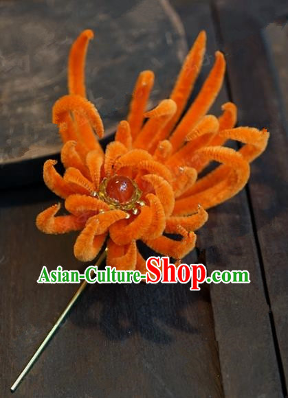 Chinese Handmade Ancient Hair Accessories Qing Dynasty Princess Orange Velvet Chrysanthemum Hairpins for Women