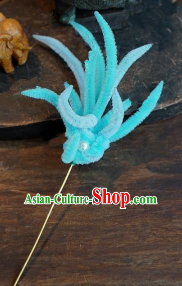 Chinese Handmade Ancient Hair Accessories Qing Dynasty Princess Blue Velvet Phoenix Hairpins for Women