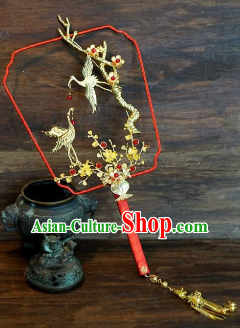 Top Grade Chinese Handmade Palace Fans Ancient Plum Blossom Cranes Round Fans for Women