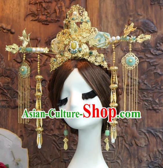 Chinese Handmade Wedding Hair Accessories Ancient Queen Jade Phoenix Coronet Tassel Hairpins Complete Set for Women