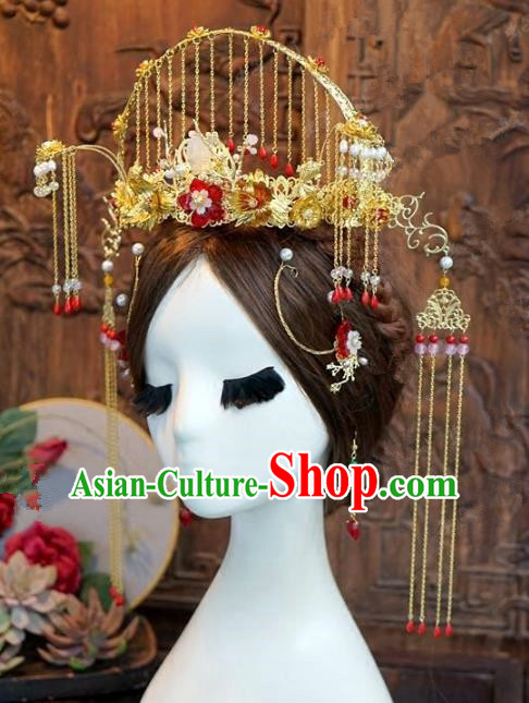 Chinese Handmade Wedding Phoenix Coronet Hair Accessories Ancient Bride Hairpins Complete Set for Women