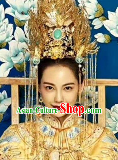 Chinese Handmade Wedding Golden Phoenix Coronet Hair Accessories Ancient Bride Hairpins Complete Set for Women