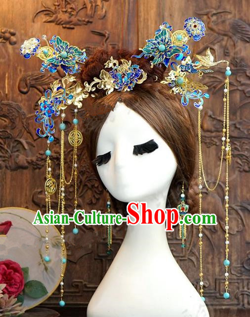 Chinese Handmade Wedding Phoenix Coronet Hair Accessories Ancient Cloisonne Hairpins Complete Set for Women