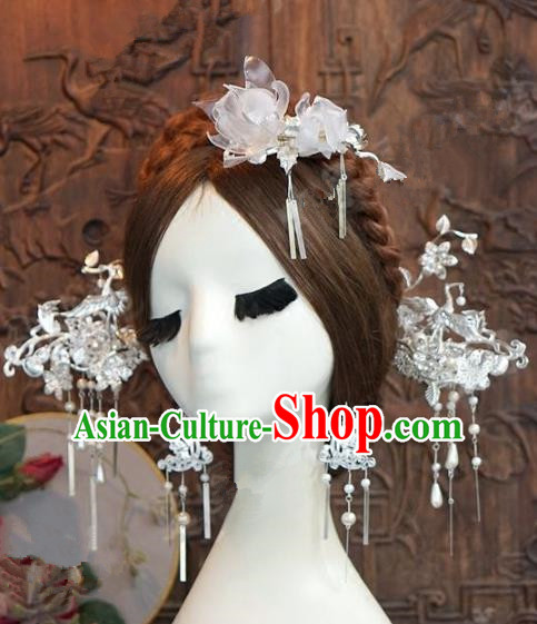 Chinese Handmade Wedding Hair Accessories Ancient Sliver Hairpins Complete Set for Women