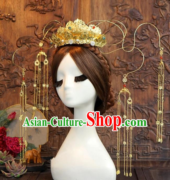 Chinese Ancient Handmade Hanfu Hairpins Wedding Hair Accessories Golden Lotus Phoenix Coronet for Women