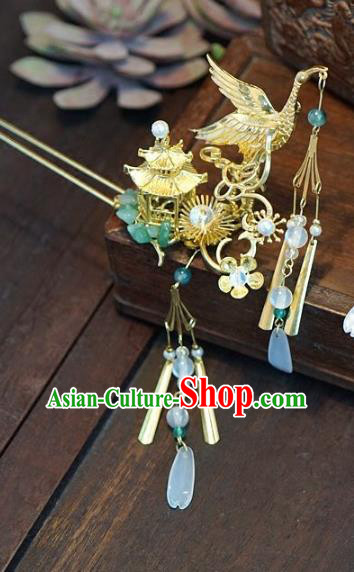 Chinese Handmade Ancient Hair Accessories Ancient Hanfu Crane Tassel Hairpins for Women