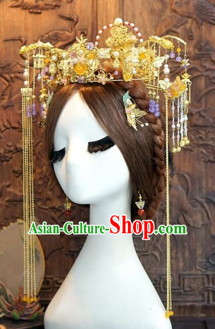 Chinese Ancient Handmade Bride Phoenix Coronet Hanfu Hairpins Wedding Hair Accessories Complete Set for Women