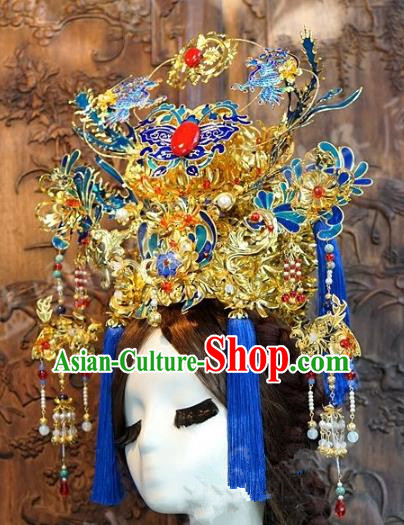 Chinese Ancient Handmade Bride Blueing Butterfly Phoenix Coronet Hanfu Hairpins Wedding Hair Accessories for Women
