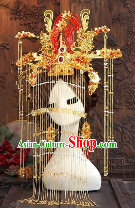 Chinese Ancient Handmade Bride Tassel Phoenix Coronet Hanfu Hairpins Wedding Hair Accessories for Women