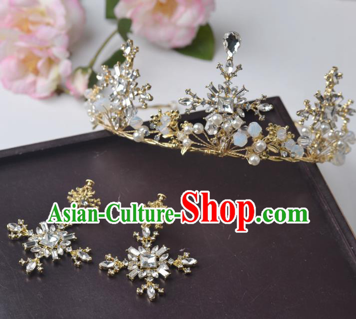 Handmade Baroque Bride Golden Crystal Royal Crown and Earrings Wedding Queen Hair Jewelry Accessories for Women