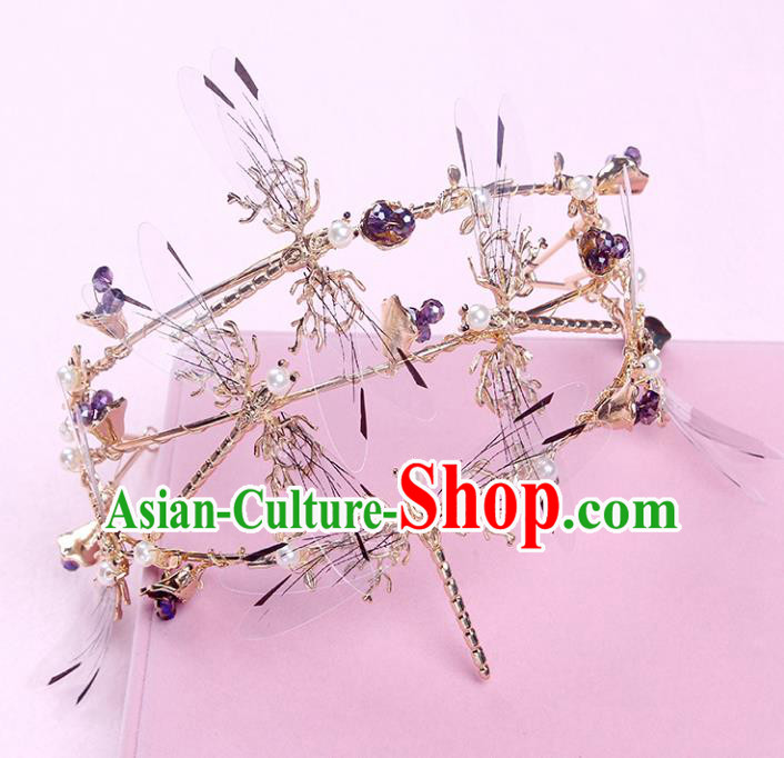 Handmade Baroque Bride Baroque Golden Dragonfly Royal Crown Wedding Queen Hair Jewelry Accessories for Women