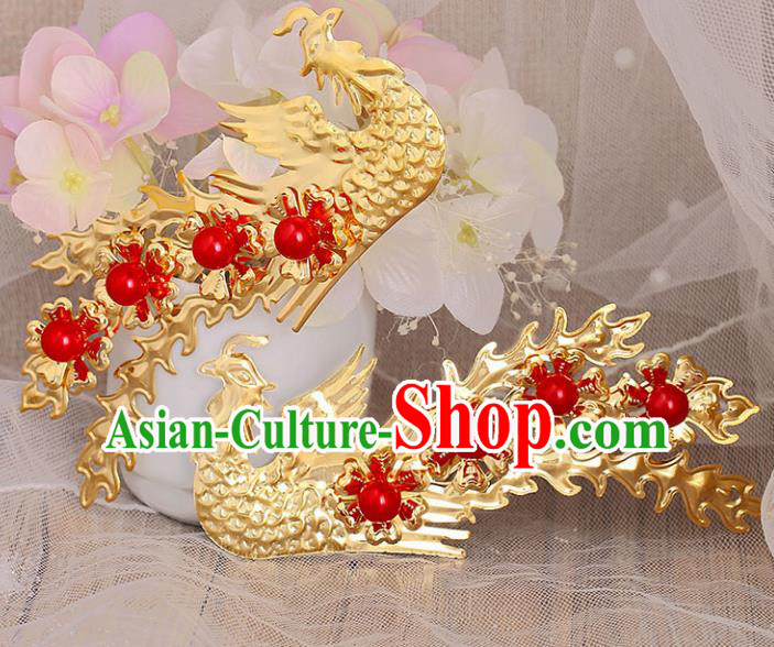 Chinese Ancient Handmade Red Beads Phoenix Hairpins Bride Hair Accessories Headwear for Women