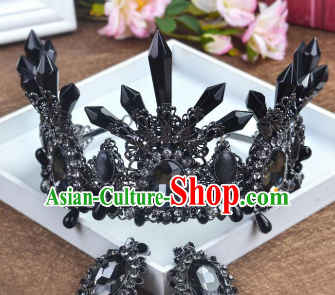 Handmade Baroque Queen Black Crystal Royal Crown Wedding Bride Hair Jewelry Accessories for Women