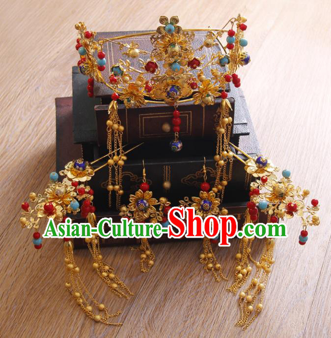 Chinese Ancient Handmade Hairpins Bride Phoenix Coronet Hair Accessories Complete Set for Women