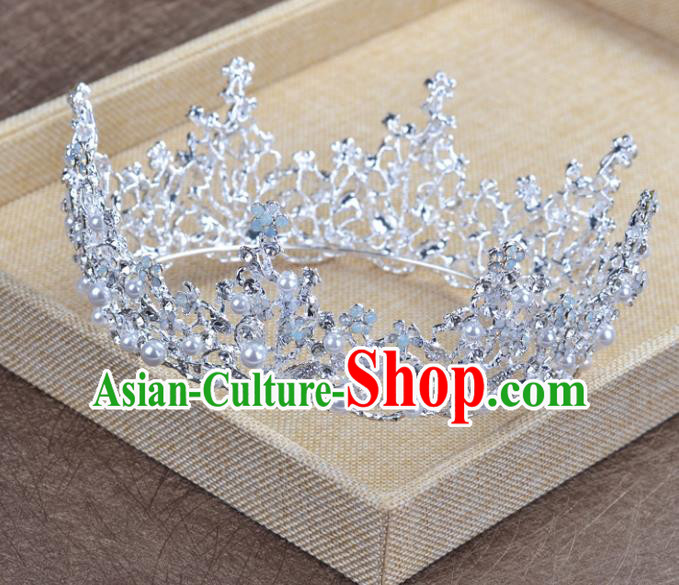 Top Grade Handmade Baroque Bride White Round Royal Crown Wedding Hair Jewelry Accessories for Women