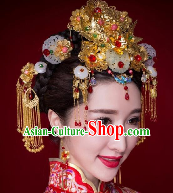 Chinese Ancient Handmade Tassel Hairpins Bride Hair Accessories Jade Phoenix Coronet Headwear for Women