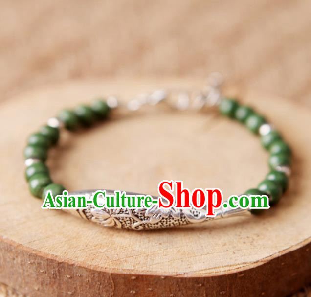 Top Grade Chinese Handmade Ceramics Green Beads Carving Fish Bracelet for Women